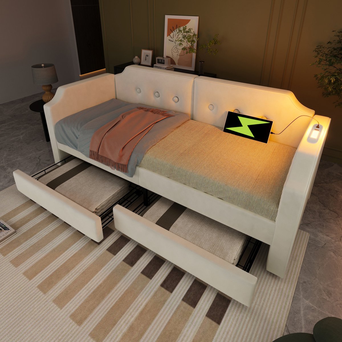 MODFU - Bedframe 90x200 cm – Beige fluweel met leeslamp & 2 lades – USB/Type-C
