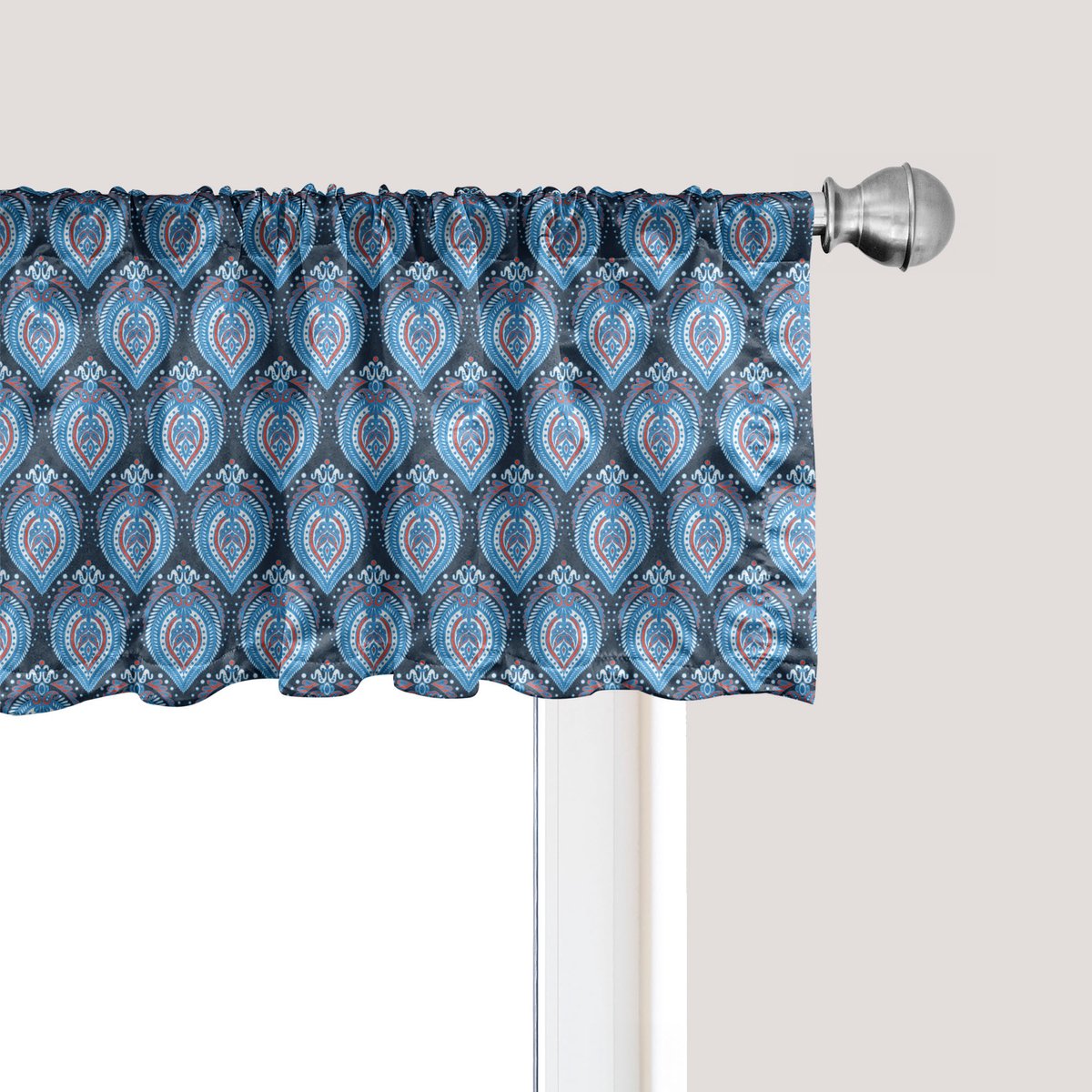 ABAKUHAUS Aziatische raamvalance met bloemenmotief, gordijnvalance voor keuken en slaapkamer met tunnelzoom, 137 cm x 45 cm, colagrijs vermiljoen