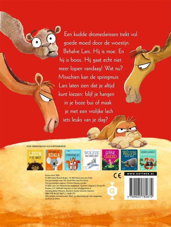 Boekcover met drie dromedarissen die zich uitrekken. Tekst: "Een kudde dromedari... iets leuks van je dag?"