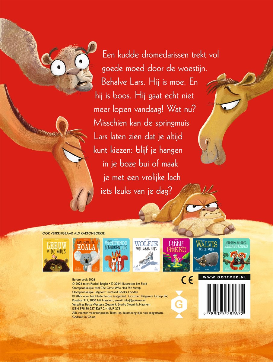 Boekcover met drie dromedarissen die zich uitrekken. Tekst: "Een kudde dromedari... iets leuks van je dag?"