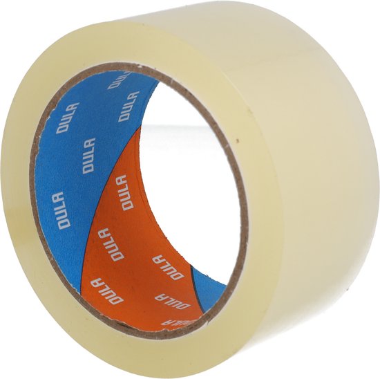 Transparante plakbandrol met oranje en blauw kartonnen binnenwerk.