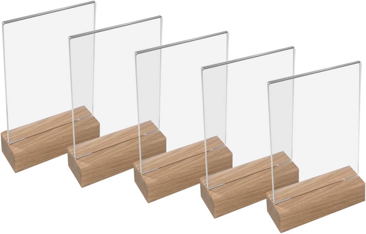 Tafelstandaard DIN A6 Acryl met Eikenhouten Voet 5 Stuks