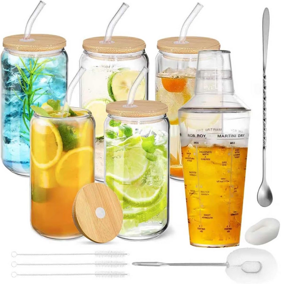 Set van 5 Glazen Bekers met Bamboe Deksel en Rietjes voor Dranken en Cocktails