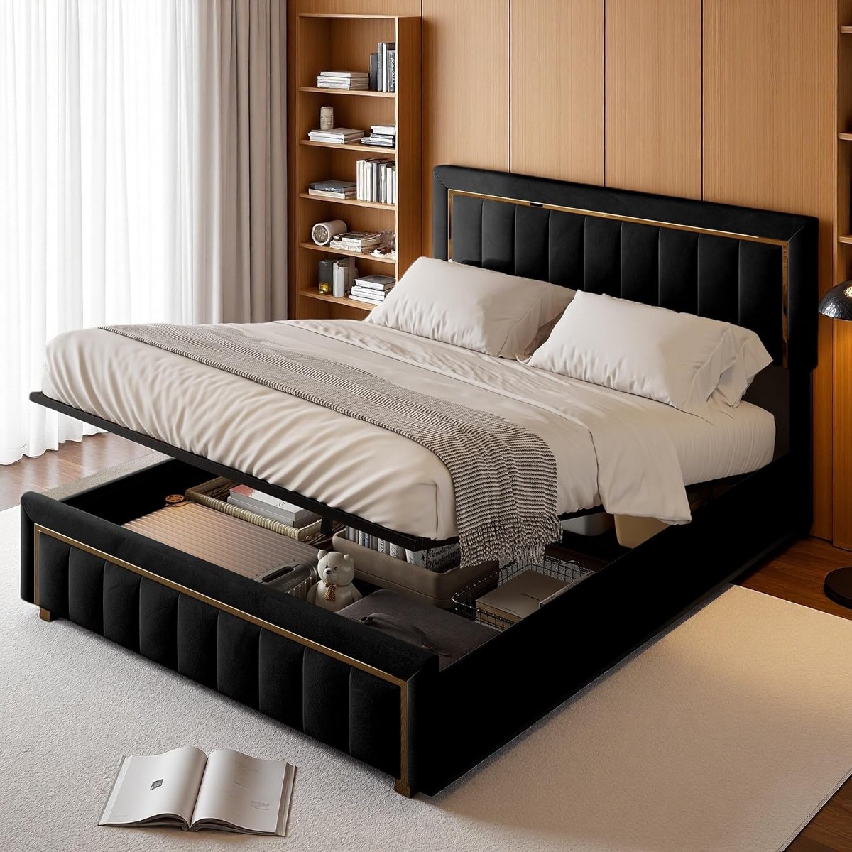 Tweepersoons gestoffeerd bed 160 x 200 cm met hydraulische opbergruimte en luxe uitstraling