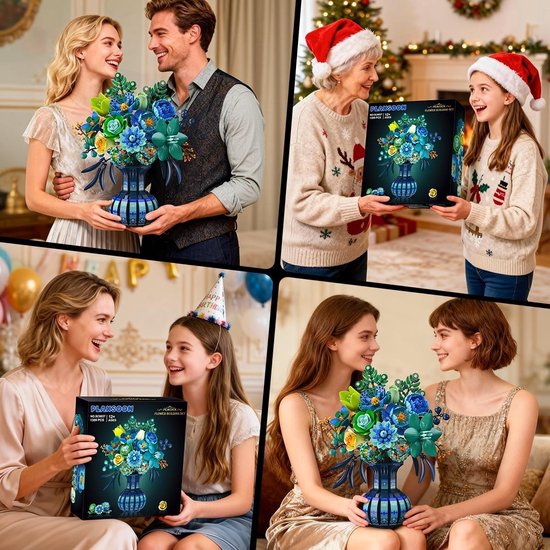 Kollage van families met de bloemenbouwset en het eindresultaat.