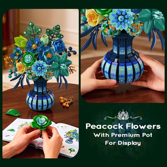 Twee afbeeldingen tonen een vaas met bloemen en onderdelen. Tekst: Pauw Bloemen Met Premium Pot.