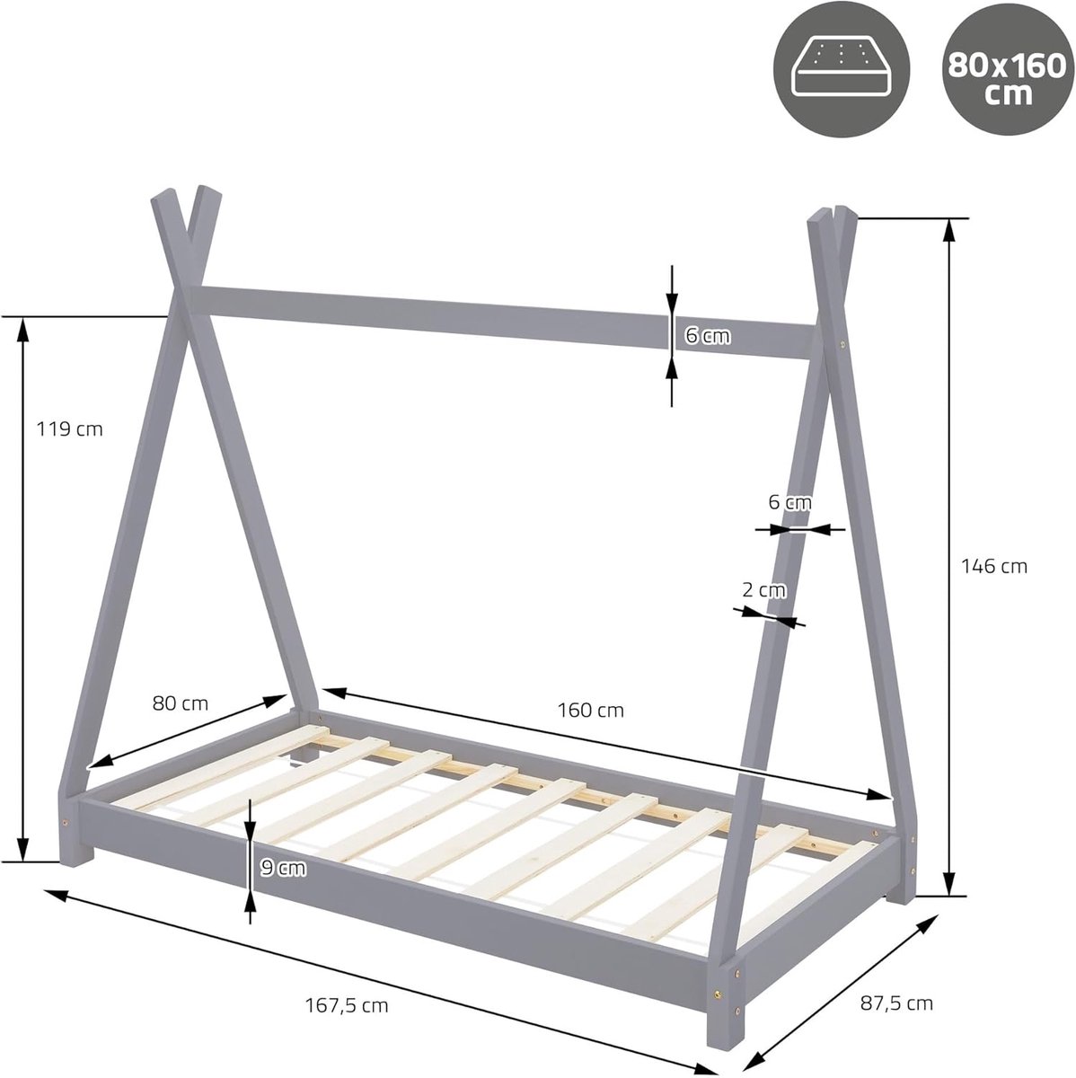 Tipi Kinderbed 80x160 cm – Casa Velluto AdventureTeepee® Lichtgrijs – Massief Grenen Houten Huisbed met Lattenbodem – Peuter- en Kinderbed voor Jongens en Meisjes 3-9 Jaar