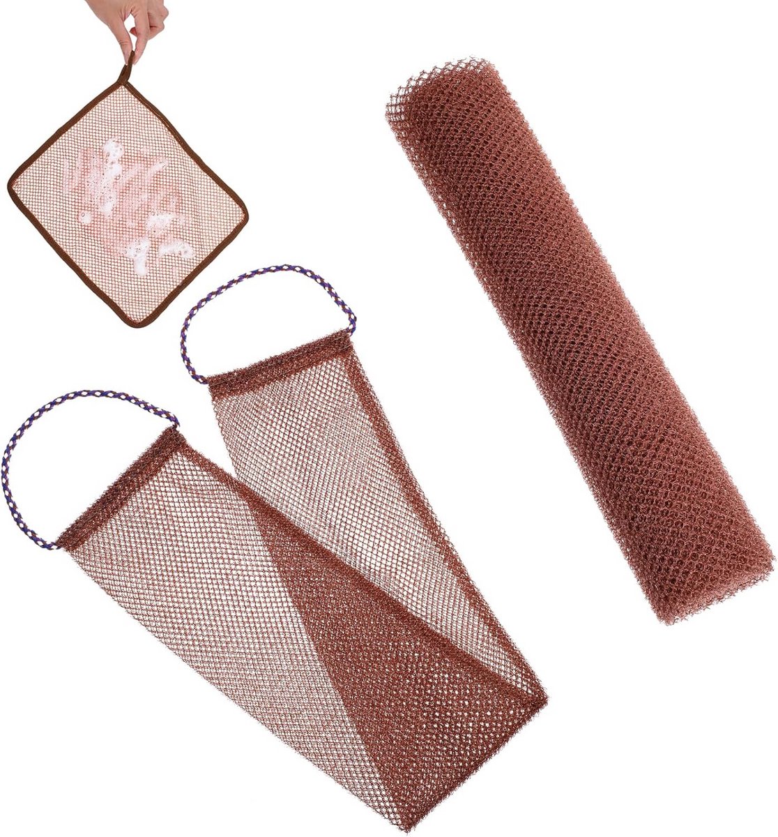 3 Delige Exfoliërende Douche Spons Set - Lange Rugreiniger en Wasdoeken voor Lichaam