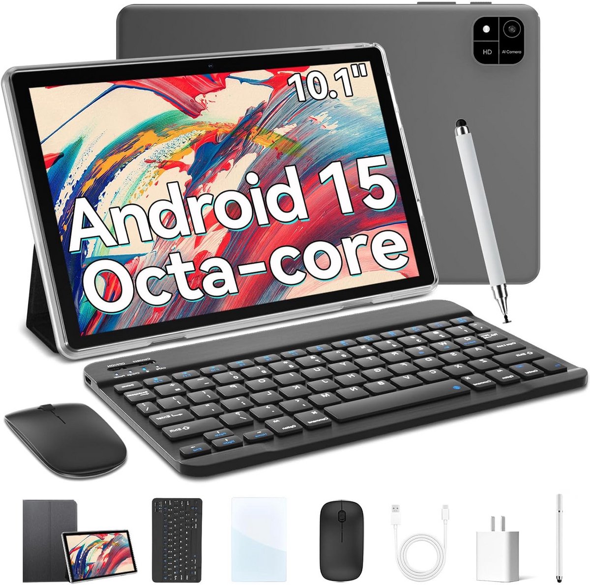 10 Inch Android Tablet met Toetsenbord, Muis en Stylus - 12GB RAM, 64GB Opslag