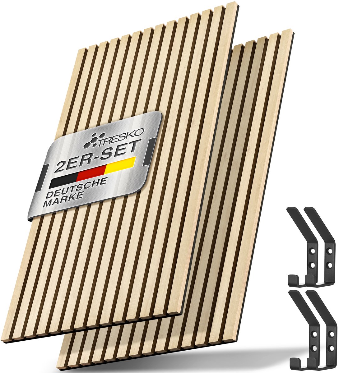 TRESKO Akoestische panelen, van hout, 120 x 60 cm, incl. 4 x kledinghaken, wandbekleding licht als 3D-lamellenwand, houten panelen voor geluidsisolatie, akoestische wandpanelen, inclusief montageset