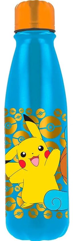 Blauwe drinkfles met Pikachu en gouden Poké Balls.