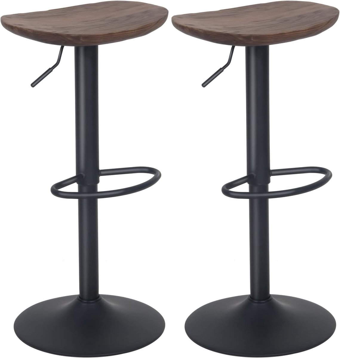 Set van 2 Verstelbare Barkrukken met Houten Zitting en Draaifunctie