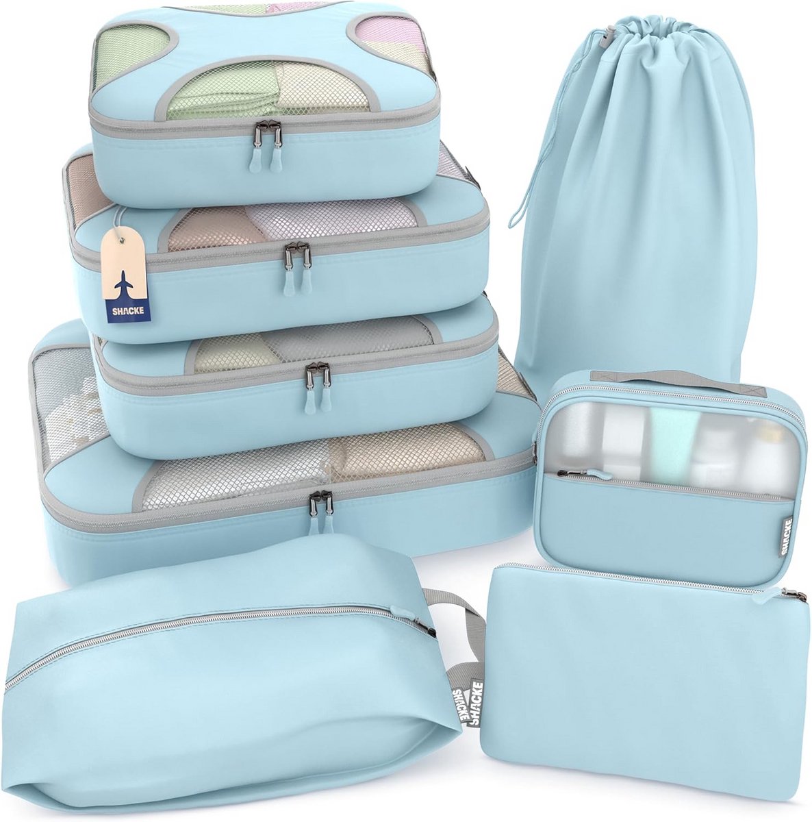Packing Cubes - Reisorganizers Koffers - Kleding Opbergen - Versterkte Stiksels - Set van 8 - Hemelsblauw