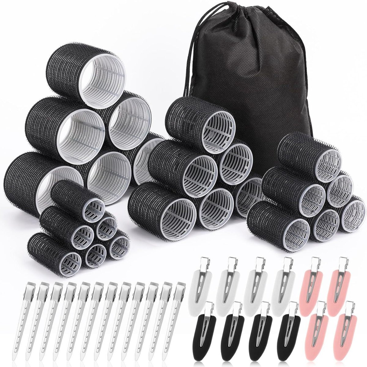 24-delige Krullers Set – 6 maten + 24 Clips – voor alle haarlengtes (Zwart)