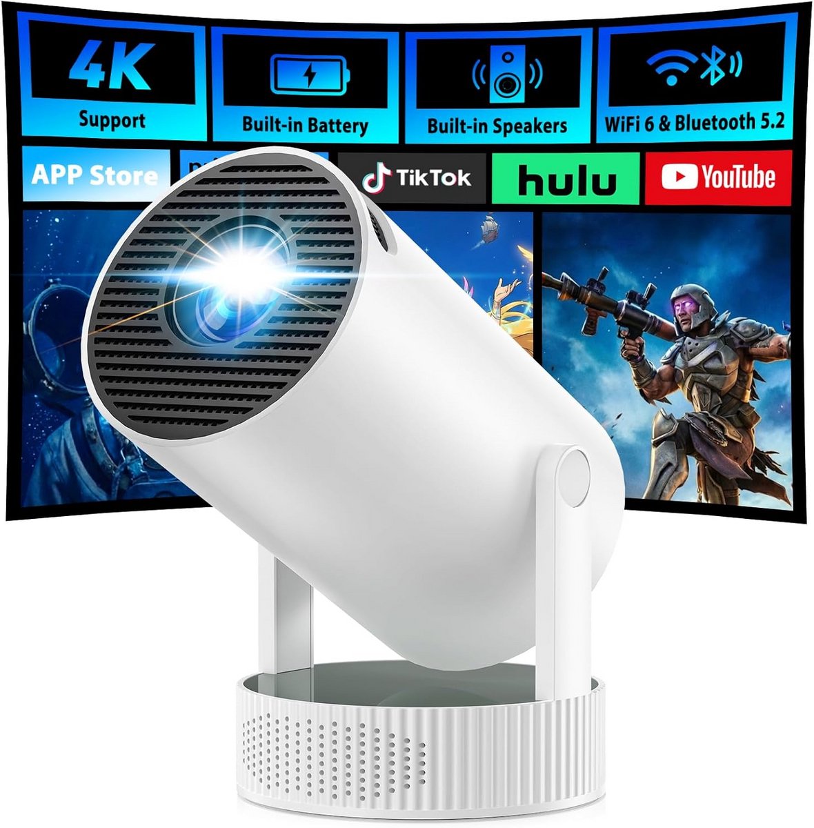 Draagbare Mini Beamer met Accu, Automatische Keystone Correctie en 4K Ondersteuning