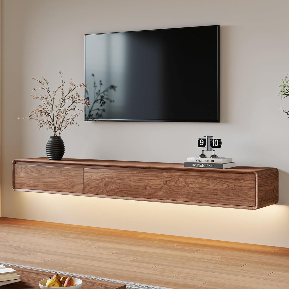 Hangende TV-kast 200 cm Walnootlook | Mid-Century Modern Lowboard met 3 Laden, Geschikt voor 75 Inch Televisie | Ruimtebesparend TV-meubel voor Woonkamer | Abkantoor