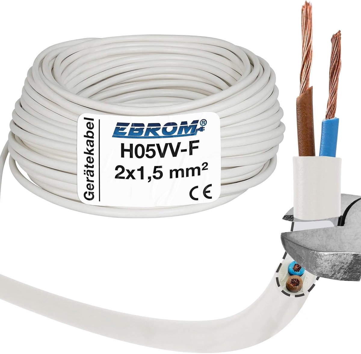 Ronde Kunststof Elektrische Kabel 2x1.5 mm² Wit voor Installatie en Apparatuur