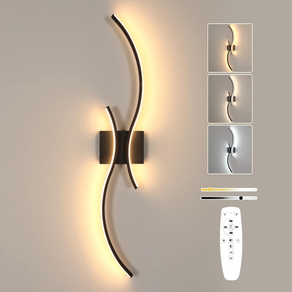 Dimbare LED Wandlamp Zwart Lange Golf met Afstandsbediening