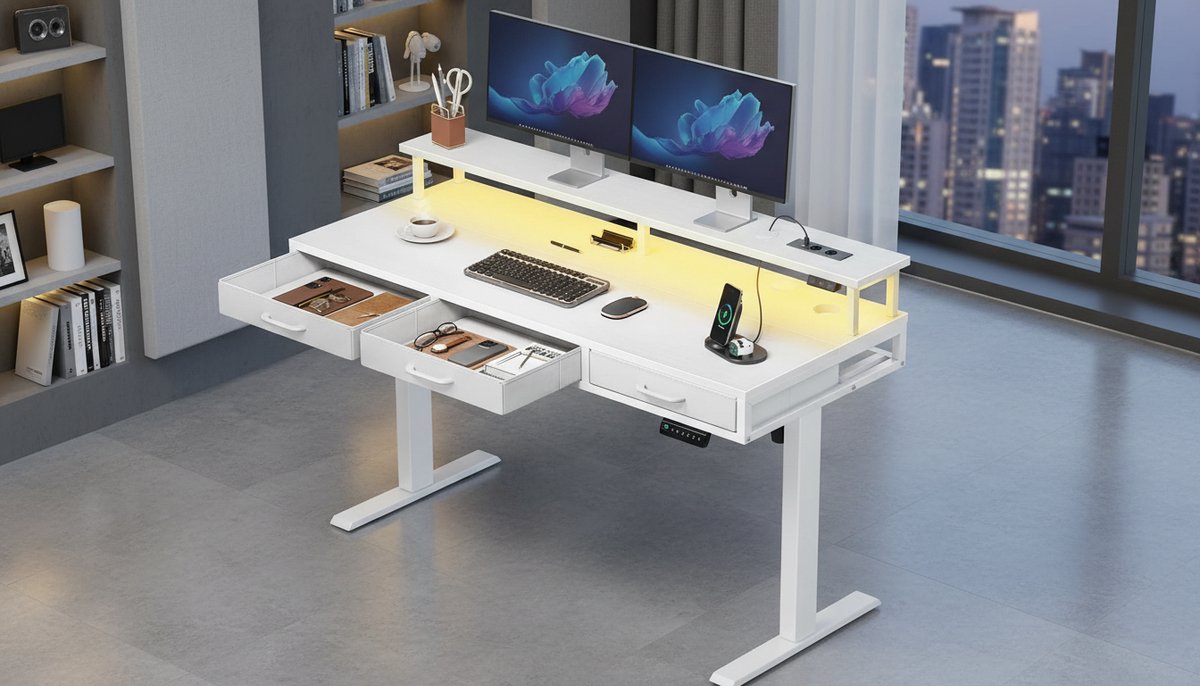 Electric Desk Casa Velluto Elevare Pro 140cm – Elektrisch In Hoogte Verstelbaar Bureau met Monitorstandaard, USB-poorten, Stopcontacten en LED-lichtstrip – Modern Wit Gaming en Office Bureau voor Thuiswerk en Ergonomisch Zitten/Staan
