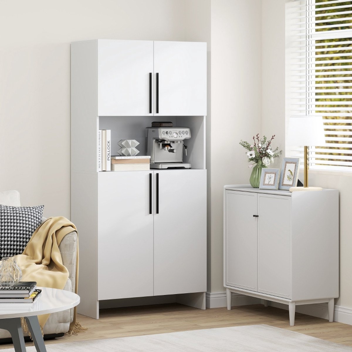 HAUSS SPOLE Keukenkast - Veel Opbergruimte Met 4 Deuren - Werkblad Voor Magnetron En Koffiemachine - Hout Wit - 79x40x175 Cm