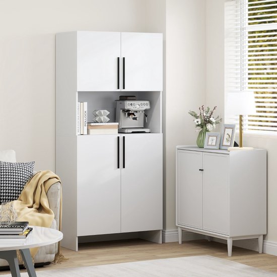 HAUSS SPOLE Keukenkast - Veel Opbergruimte Met 4 Deuren - Werkblad Voor Magnetron En Koffiemachine - Hout Wit - 79x40x175 Cm