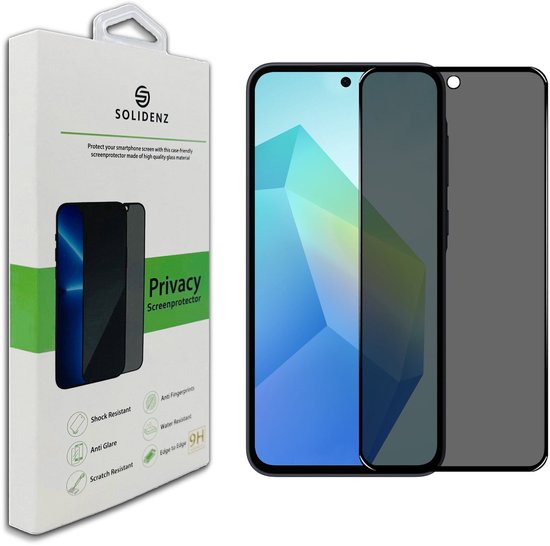 Verpakking en een donkere privacy screenprotector op een smartphone.