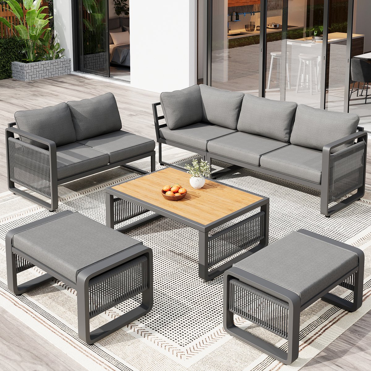 Tuinloungefauteuil set - voor 7 personen - handgeweven touw tuinbank - ligstoel - met kussen en rugkussen - verstelbare voeten - grijs