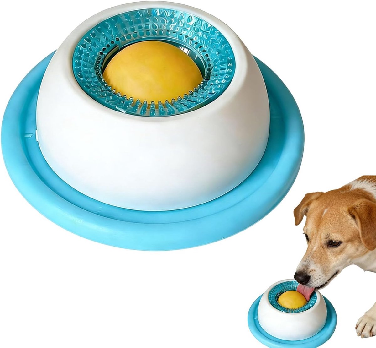 Blauwe voerbak voor honden (slow feeder) ter verlichting van angst | Ontwerp met roterende drijfbal voor langzaam eten, morsvrij en antislip, geschikt voor yoghurt/bouillon/pindakaas, geschikt voor kleine tot middelgrote honden
