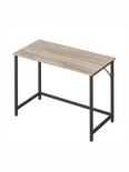 Bureau met lichtbruin houten blad en zwart metalen frame, weergave van schuin.