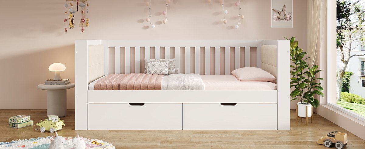 Wishdor Dagbed 90 x 190 cm – 2 Laden op Wielen – Afgeronde Fluweel Armleuningen – Massief Grenenhout – Verzonken Lattenbodem – Geschikt voor Logeerkamer en Tienerkamer – Inclusief Montagehandleiding en Gereedschap – Hout – Wit