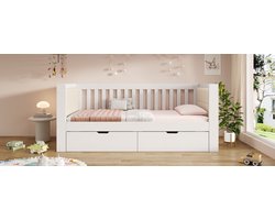 Wishdor Dagbed 90 x 190 cm – 2 Laden op Wielen – Afgeronde Fluweel Armleuningen – Massief Grenenhout – Verzonken Lattenbodem – Geschikt voor Logeerkamer en Tienerkamer – Inclusief Montagehandleiding en Gereedschap – Hout – Wit
