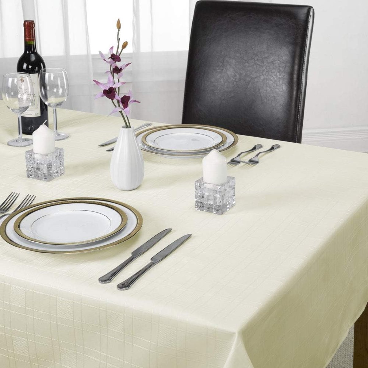 Rond Tafelkleed 160 cm Geruit 100% Polyester Crèmekleurig