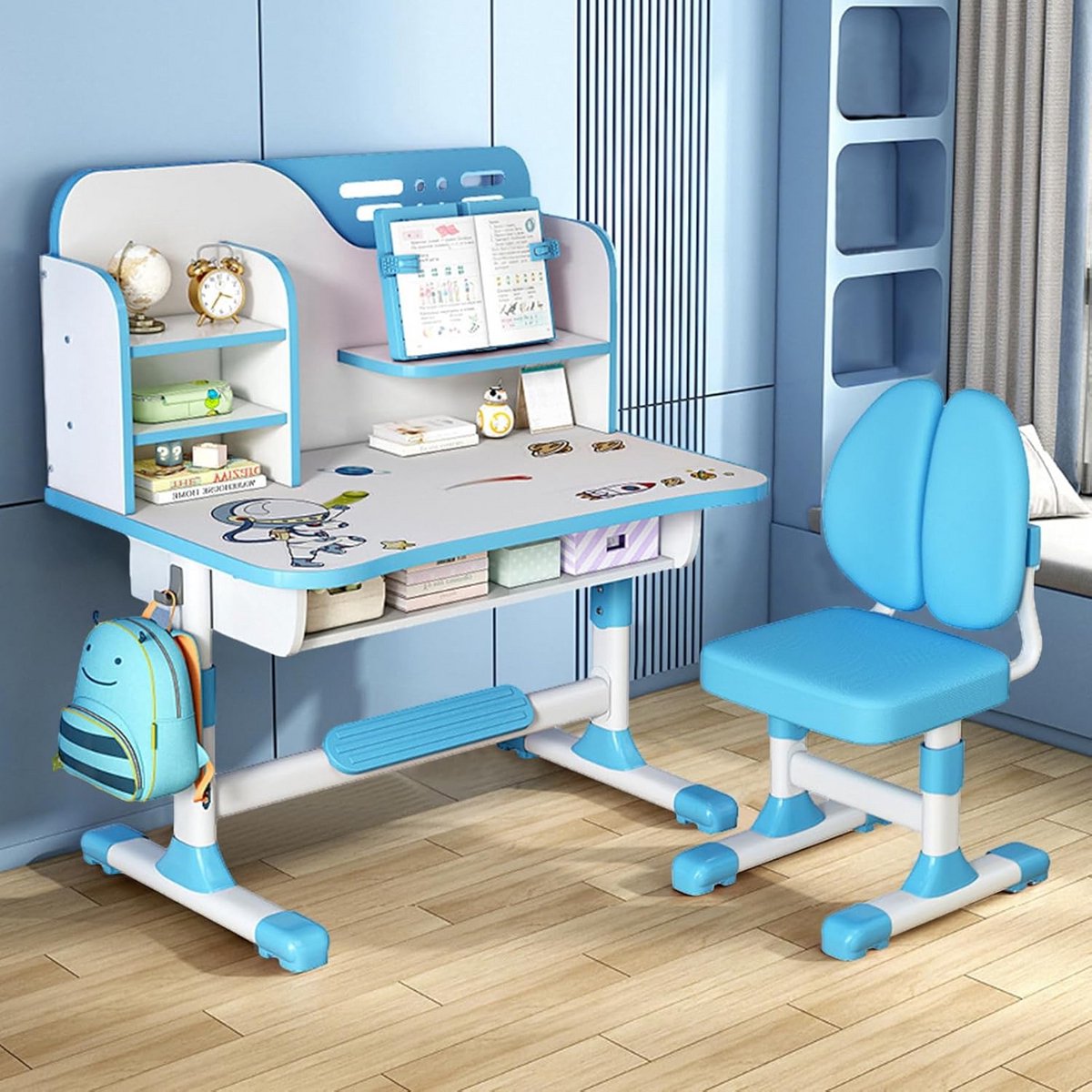Kinderstudie bureau en stoel set, instelbare hoogte kinderen school tafel met groot beschrijfbord en boekenplank en lade, ergonomische studie bureaustoel met astronaut patroon blauw