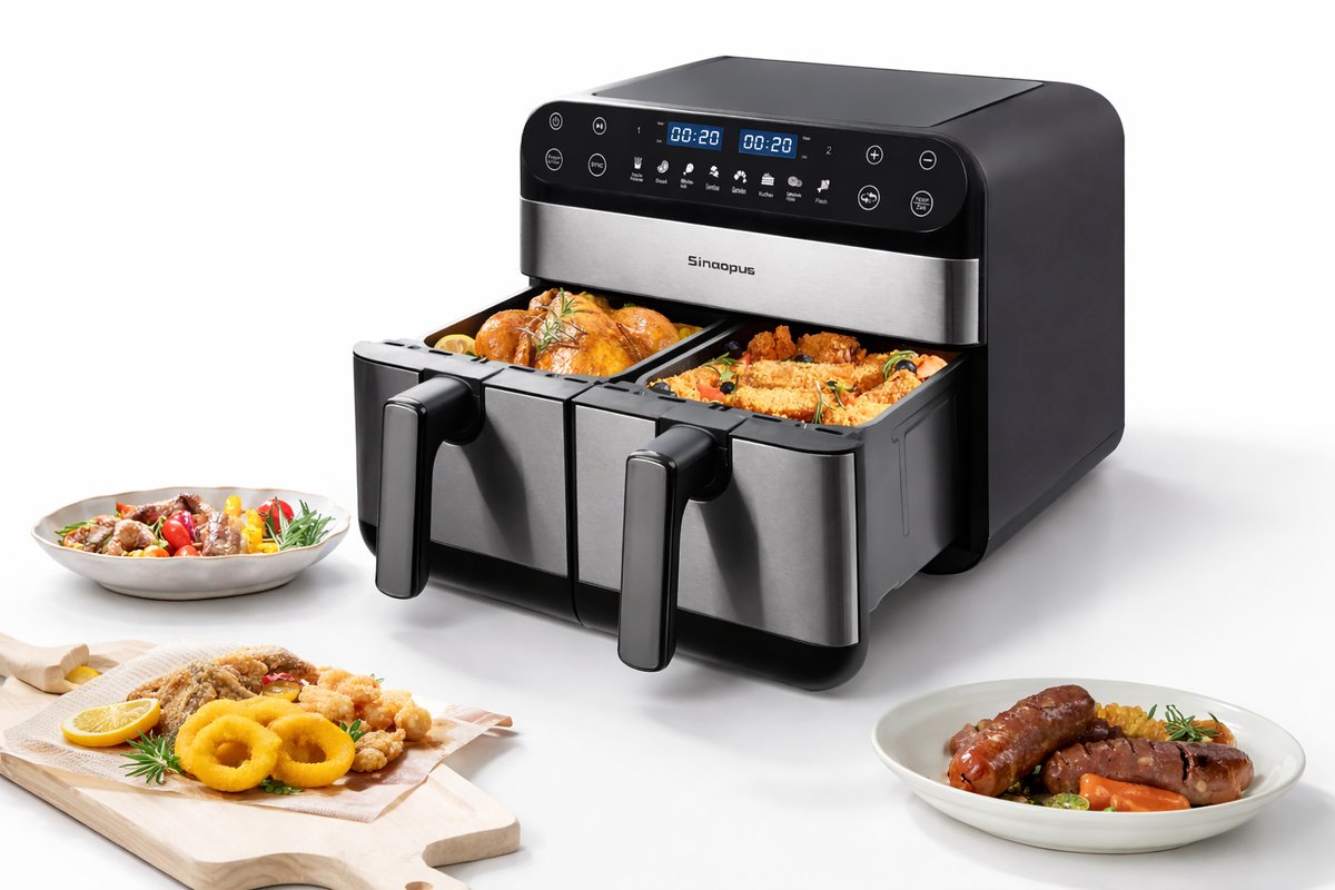 Jurrys Gezins airfryer XXL – Met dubbele Mand – 10L – Inclusief Receptenboek – Snel & Gezond Koken – 2 Zones – 2400W