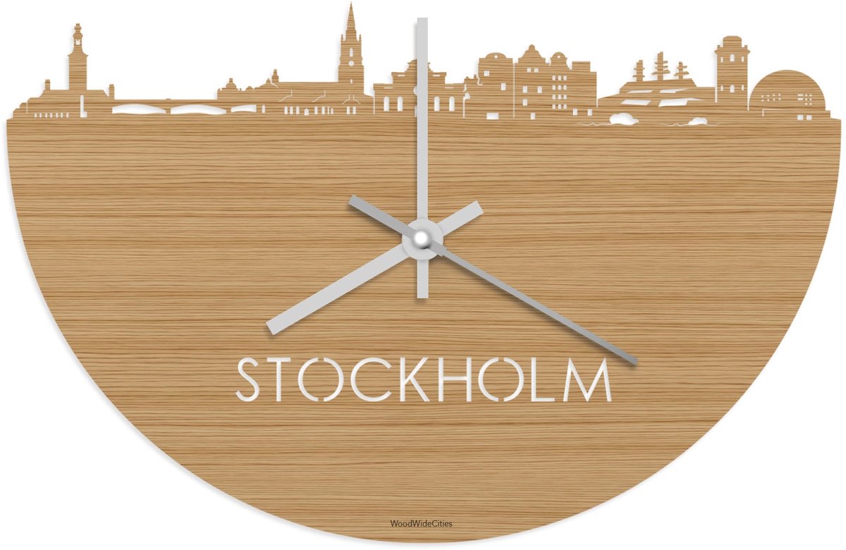 Skyline Klok Stockholm Bamboe hout - Ø 40 cm - Stil uurwerk - Wanddecoratie - Meer steden beschikbaar - Woonkamer idee - Woondecoratie - City Art - Steden kunst - Cadeau voor hem - Cadeau voor haar - Jubileum - Trouwerij - Housewarming -