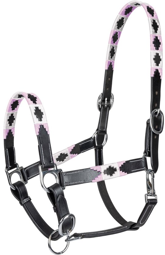 Zwart lederen halster met roze-beige geometrisch patroon op neusband en kopstuk, los.