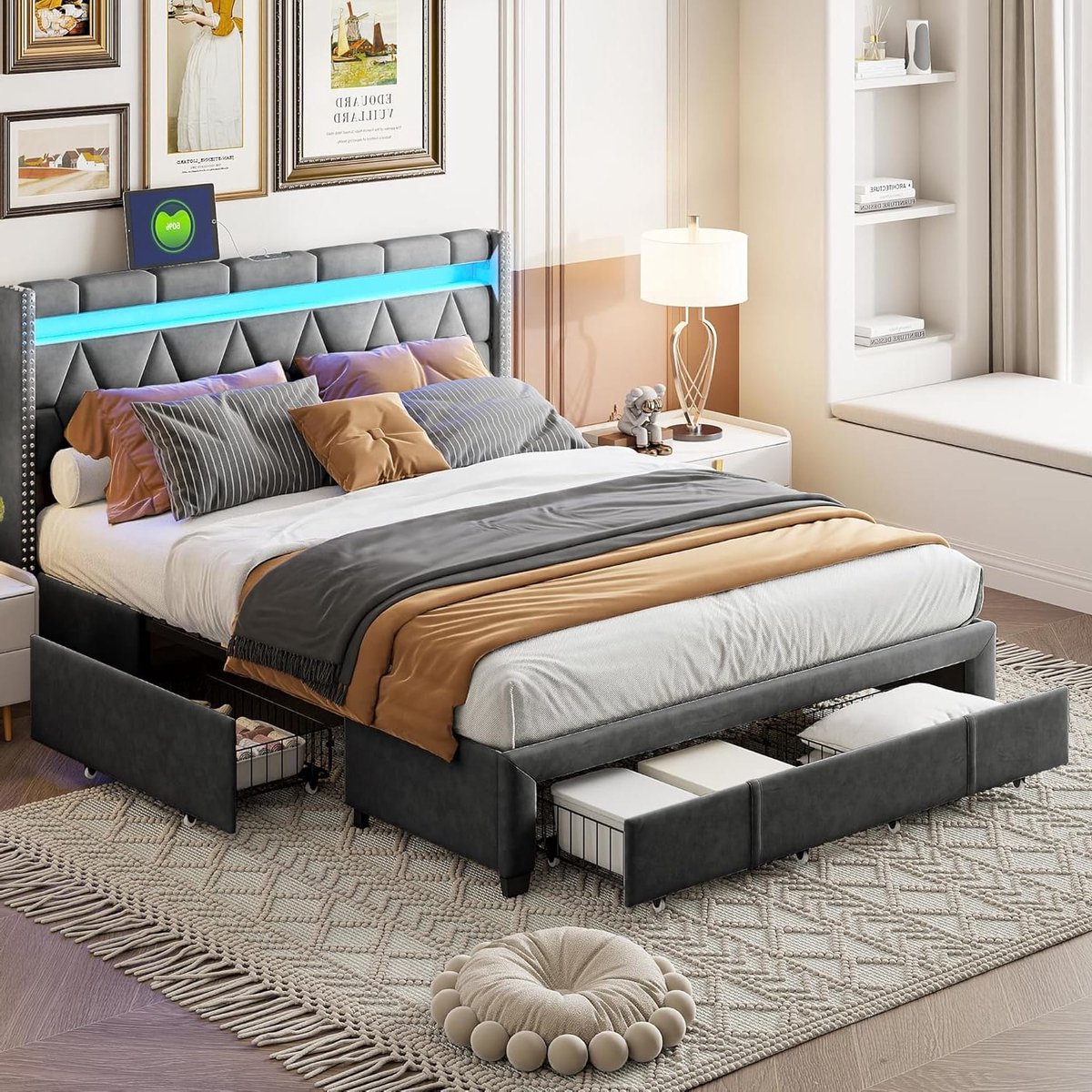 Gestoffeerd Bed – Tweepersoonsbed – Bedframe – Led Bed – Bed Met Lade – 140x200 Cm – Met Usb Oplaadpoort – 4 Opbergladen