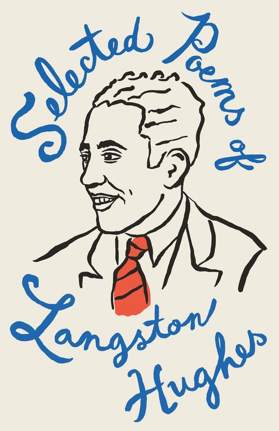 Poèmes choisis de Langston Hughes, avec une illustration de lui en costume avec une cravate rouge.