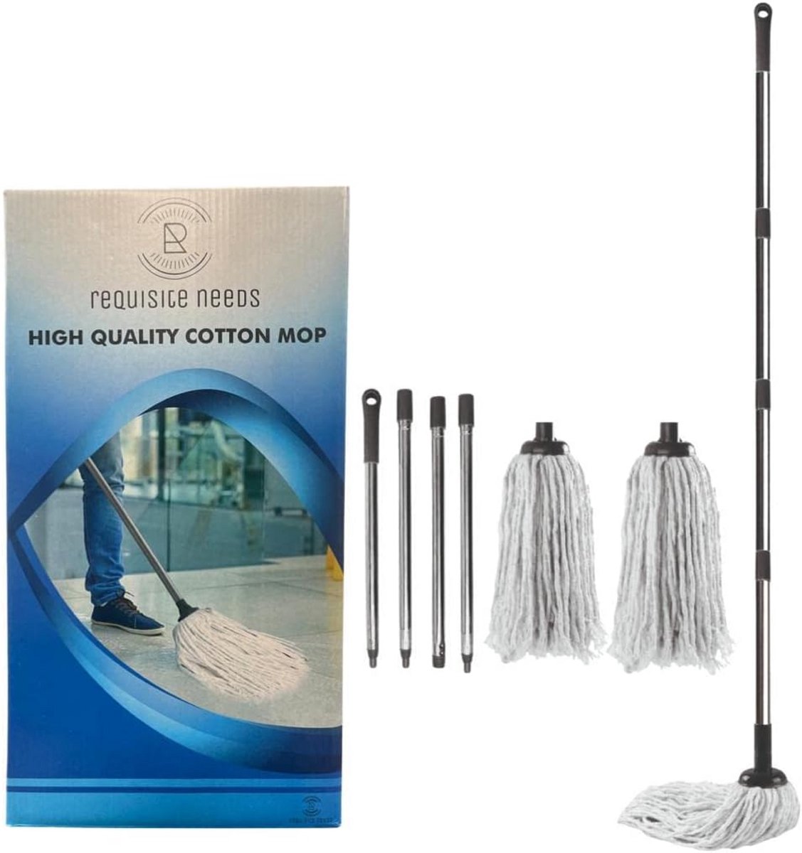 Katoenen Loop Mop - Lichtgewicht Mop met Afneembare Kop en Stang - 2 Mopkoppen Inbegrepen