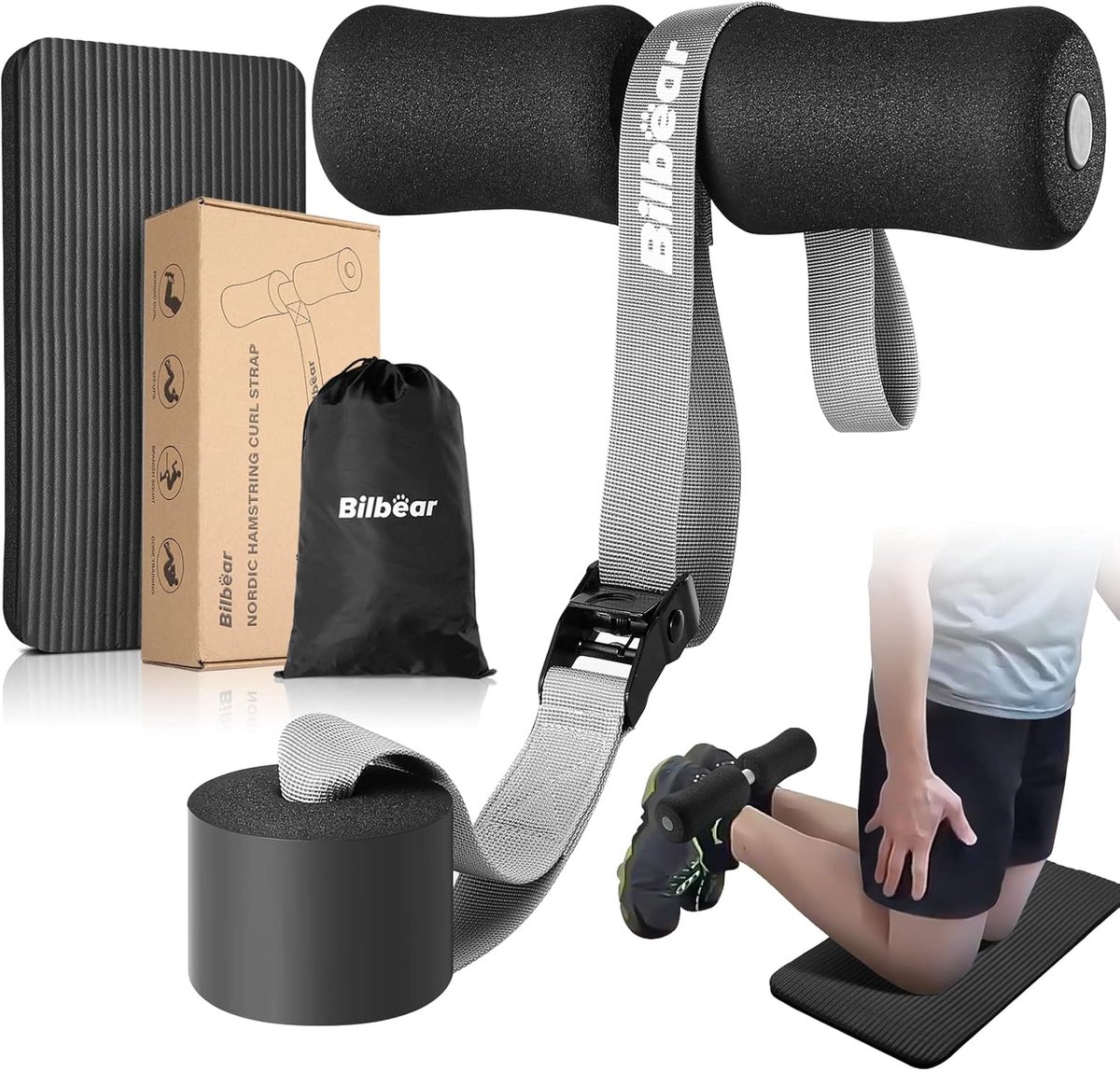 Verstelbare Nordic hamstring krul riem met kniemat - draagbaar trainingsgereedschap voor hamstring curls, rekken en sit-ups - belastbaar tot 100 kg