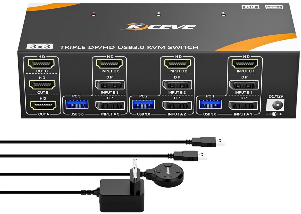 KVM Switch 3 PC's 3 Monitoren 8K/4K Beeldscherm Delen