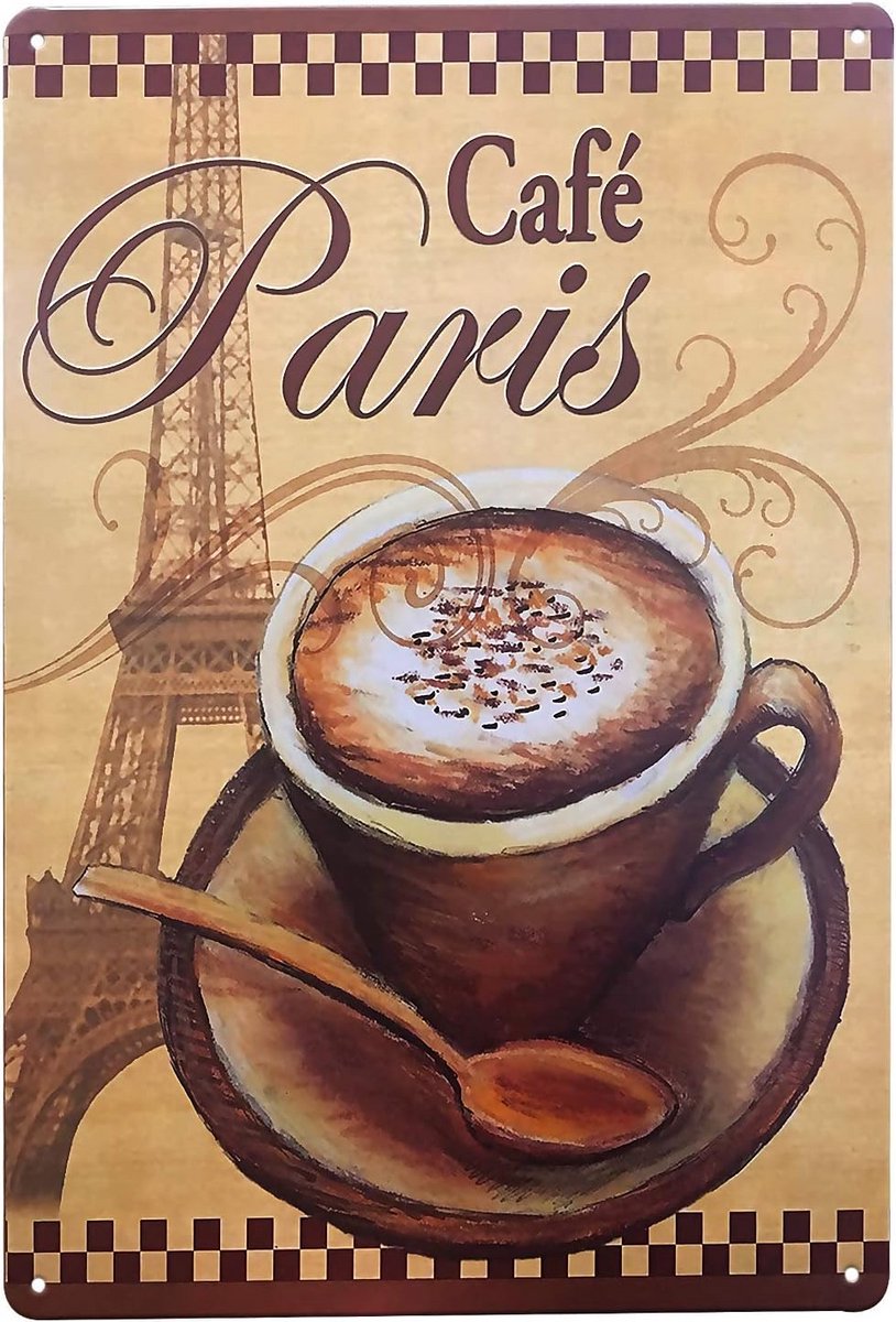 Vintage Metalen Wanddecoratie Bord met Parijs Café Slogan - Poster voor Bar of Pub