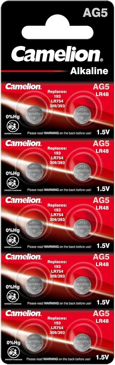 Alkaline knoopcelbatterijen AG5/LR48/LR754/393 - Set van 10 - 1,5 volt - Capaciteit 66 mAh