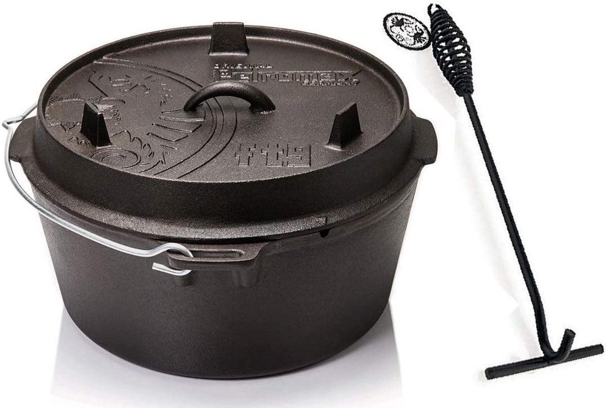Middelgrote gietijzeren Dutch Oven met deksellifter voor buiten koken