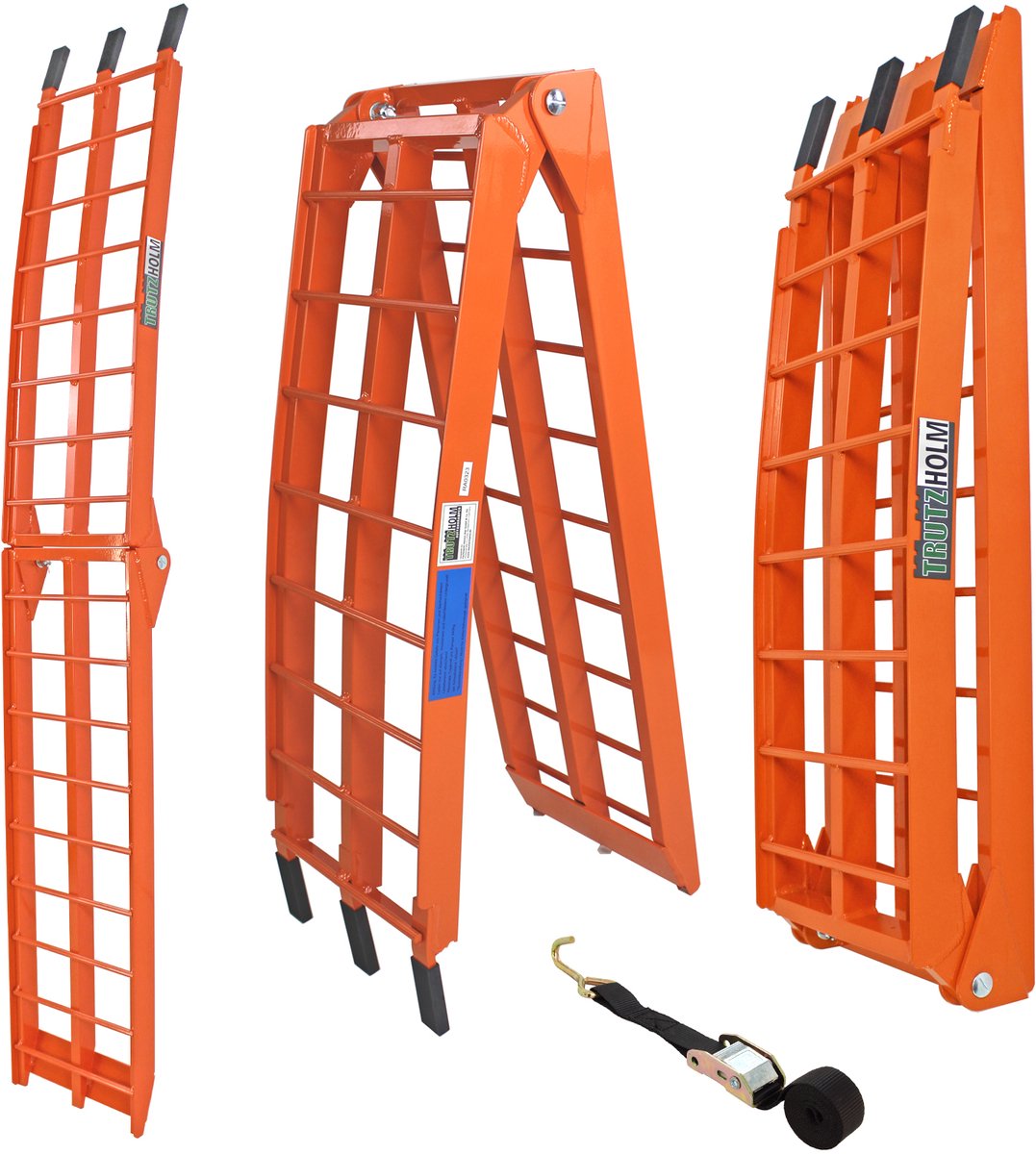 TRUTZHOLM 1 x opklapbare oprijplaat 180 cm draagvermogen 340 kg aluminium oranje golfstaaf laadbrug