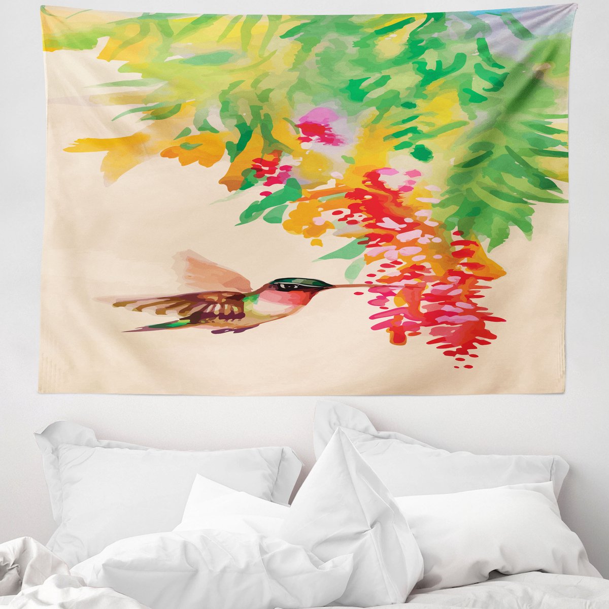 ABAKUHAUS Kolibrie Wandtapijt, Afbeelding van een kolibrie en exotische bloemen in bloei, 150 x 110 cm, Groen Rood Beige