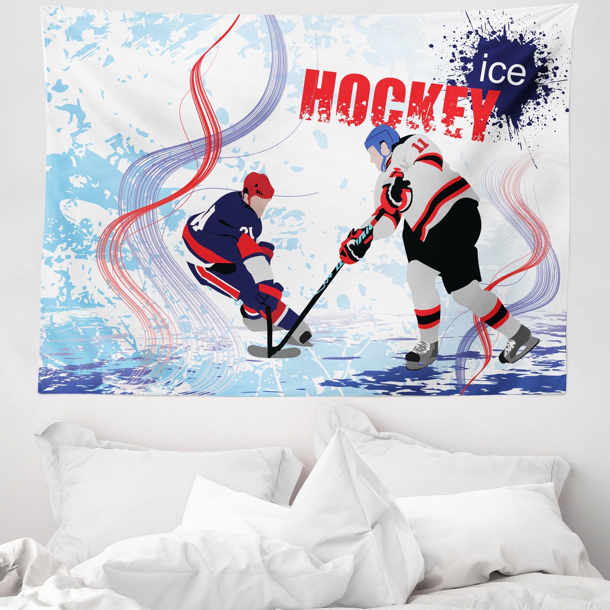 ABAKUHAUS Hockey Wandtapijt, 2 ijshockeyers in cartoonstijl op een abstracte ijsbaanachtergrond, 150 x 110 cm, meerkleurig Veelkleurig