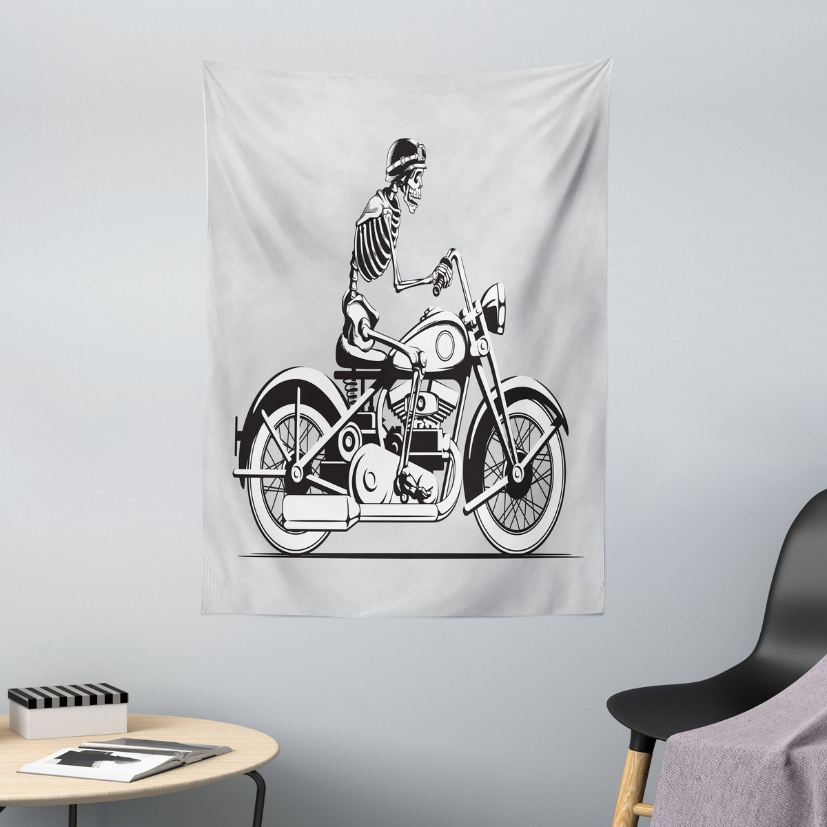 ABAKUHAUS Skelet Wandtapijt, Vintage Halloween Thema Motorrijden met Hoed, 110 x 150 cm, Lichtgrijs/Antracietgrijs Lichtgrijs Houtskoolgrijs