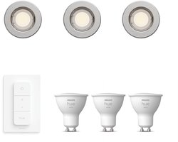 Philips Hue Peridot Set van 3 Inbouwspots (Nikkel) – Rond – Niet Richtbaar – GU10 – Warmwit Licht – Incl. Hue Dimmer Switch – Hue White
