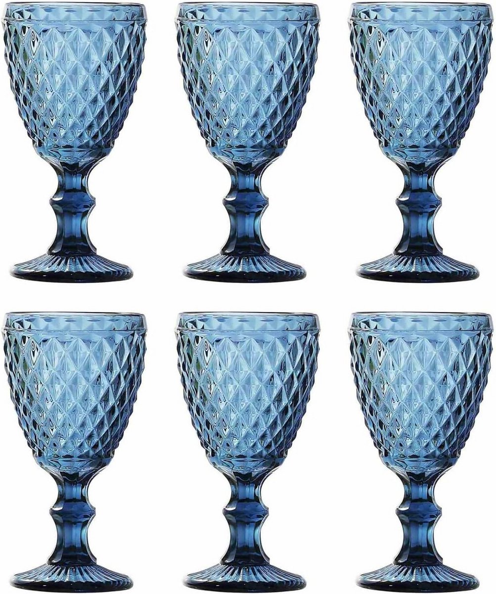 Set van 6 Vintage Glaswerk - Drinkglazen met Net/Rombus Kristalpatroon